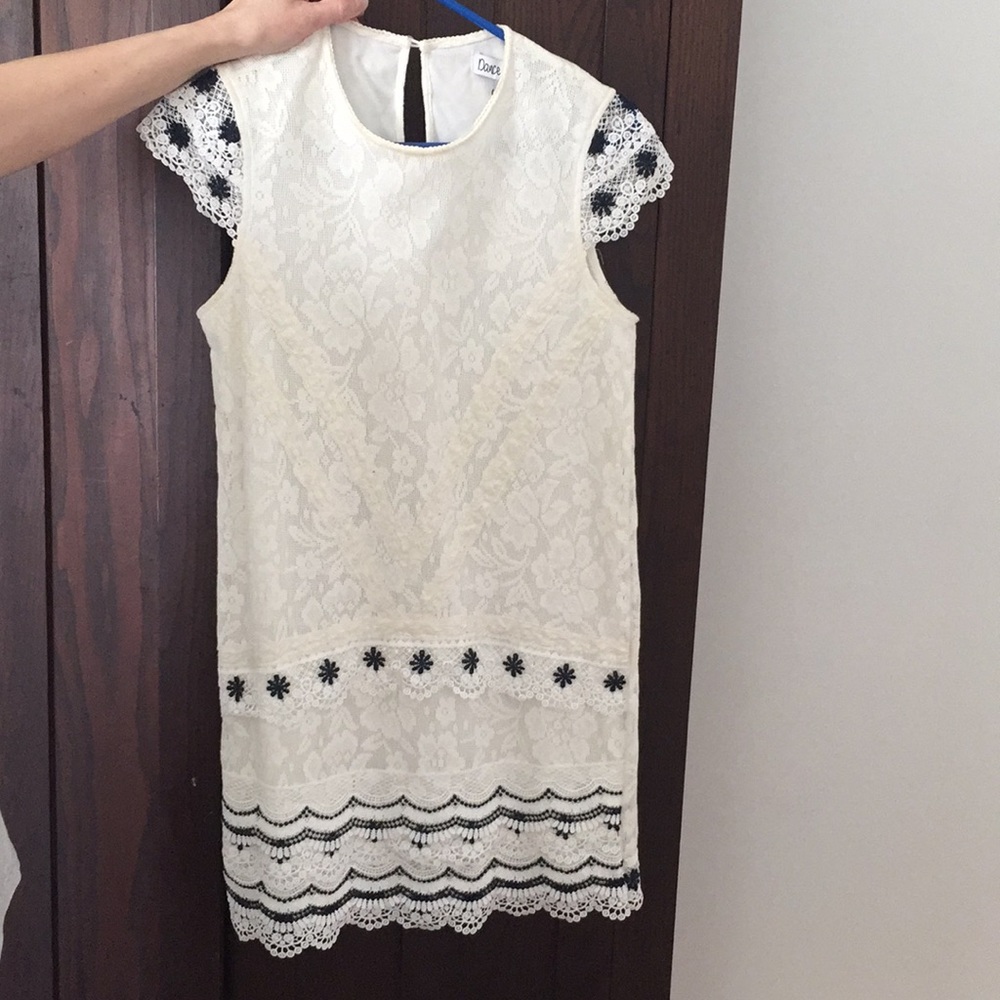 White Dress with white and navy lace detailing